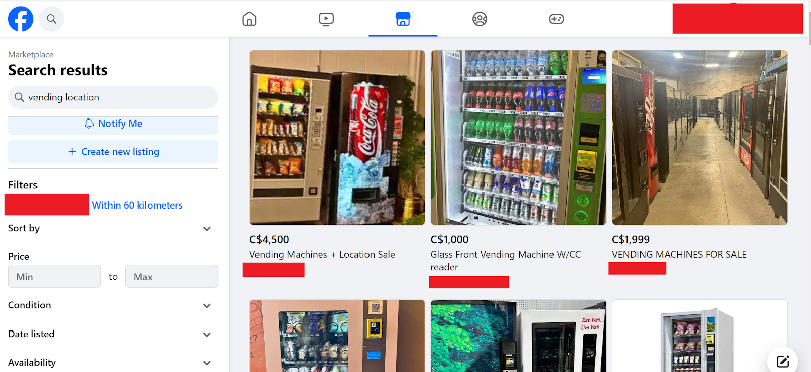 Search Results from Facebook Marketplace. Online Marketplaces are a great place to find vending locations.